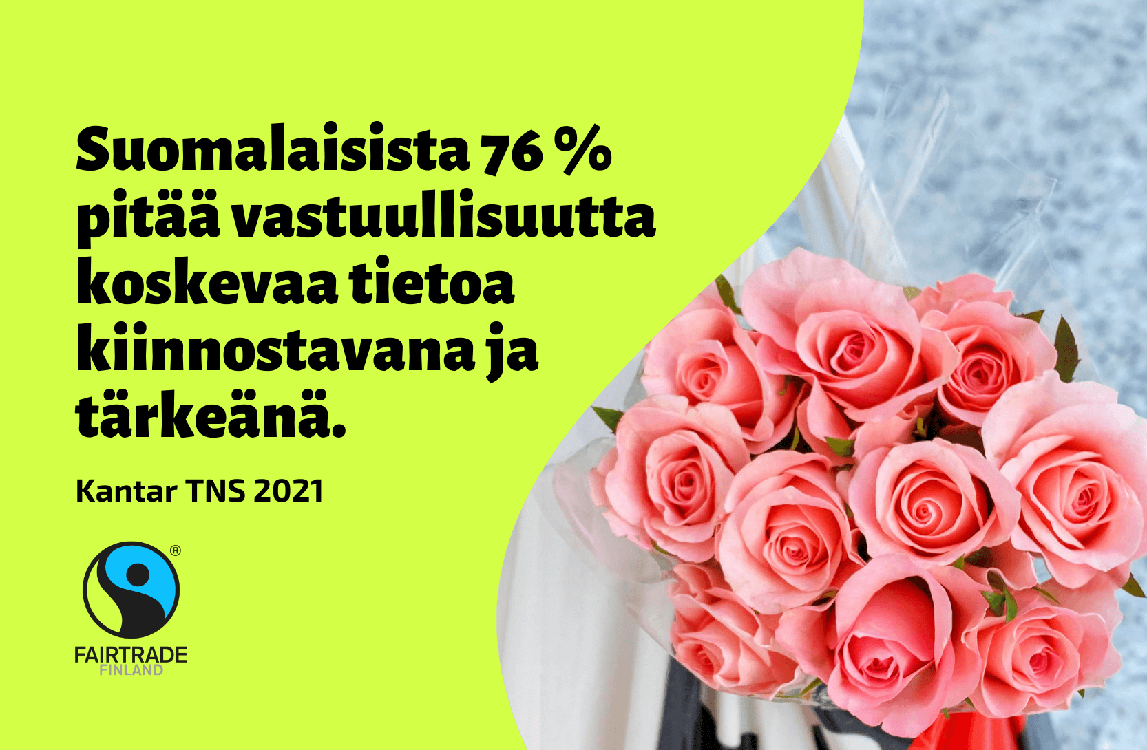 Reilu kauppa ry:n bränditutkimus osoittaa, että suomalaisista 76 prosenttia pitää vastuullisuutta koskevaa tietoa kiinnostavana ja tärkeänä. Kuvassa Reilun kaupan ruusuja ostoskassissa.