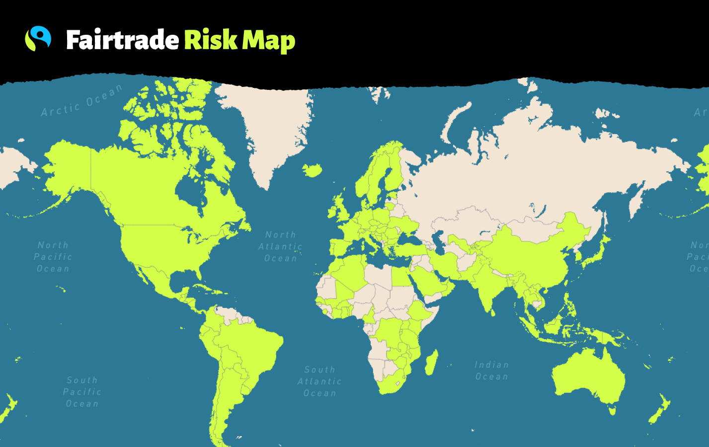 Kuvassa graafinen maailmankartta, joka on pohjana Reilun kaupan riskikartta -työkalulle.